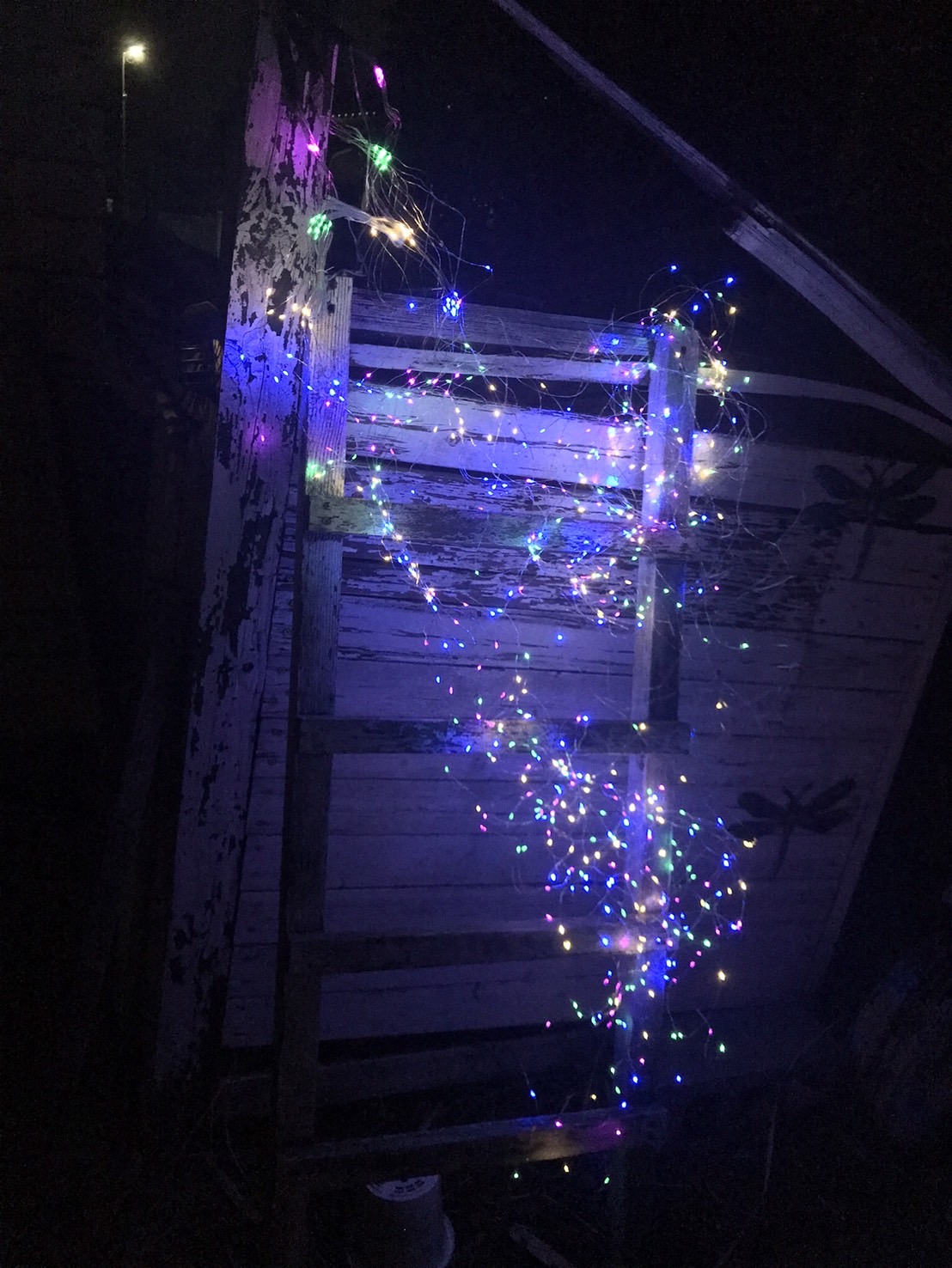 カラフルなイルミネーションライトで装飾されたナチュラルな木製フェンスの夜の庭